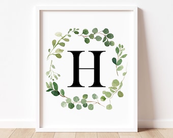 H Monogram Print, Initial Printable Wall Art, Letter H Print, Initial Print, Monogram Wall Decor, Greenery Monogram Wreath Print for Nursery