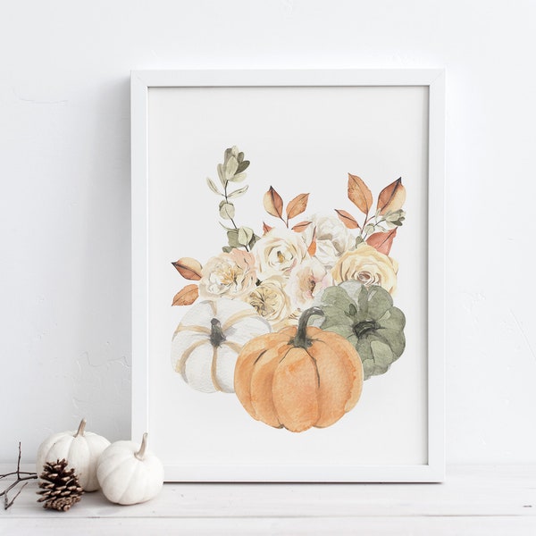 Arte da parete stampabile con bouquet autunnale di zucca, decorazioni floreali autunnali ad acquerello, decorazioni autunnali rustiche Boho, stampe botaniche digitali scaricabili