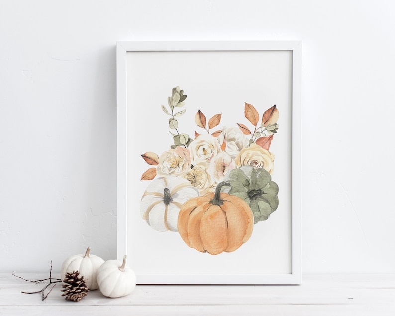 Arte da parete stampabile con bouquet autunnale di zucca, decorazioni floreali autunnali ad acquerello, decorazioni autunnali rustiche Boho, stampe botaniche digitali scaricabili immagine 1