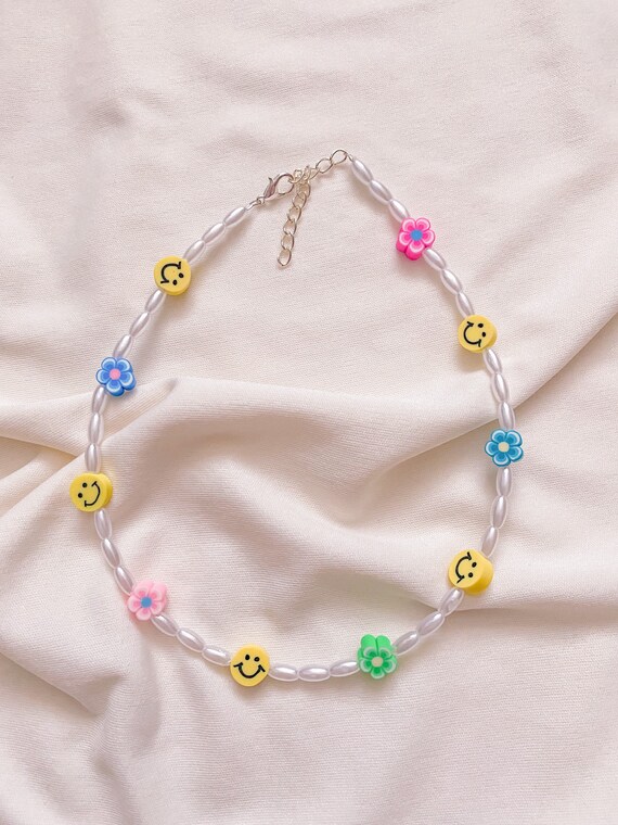 Flower and Smile Beaded Necklace Trendy 