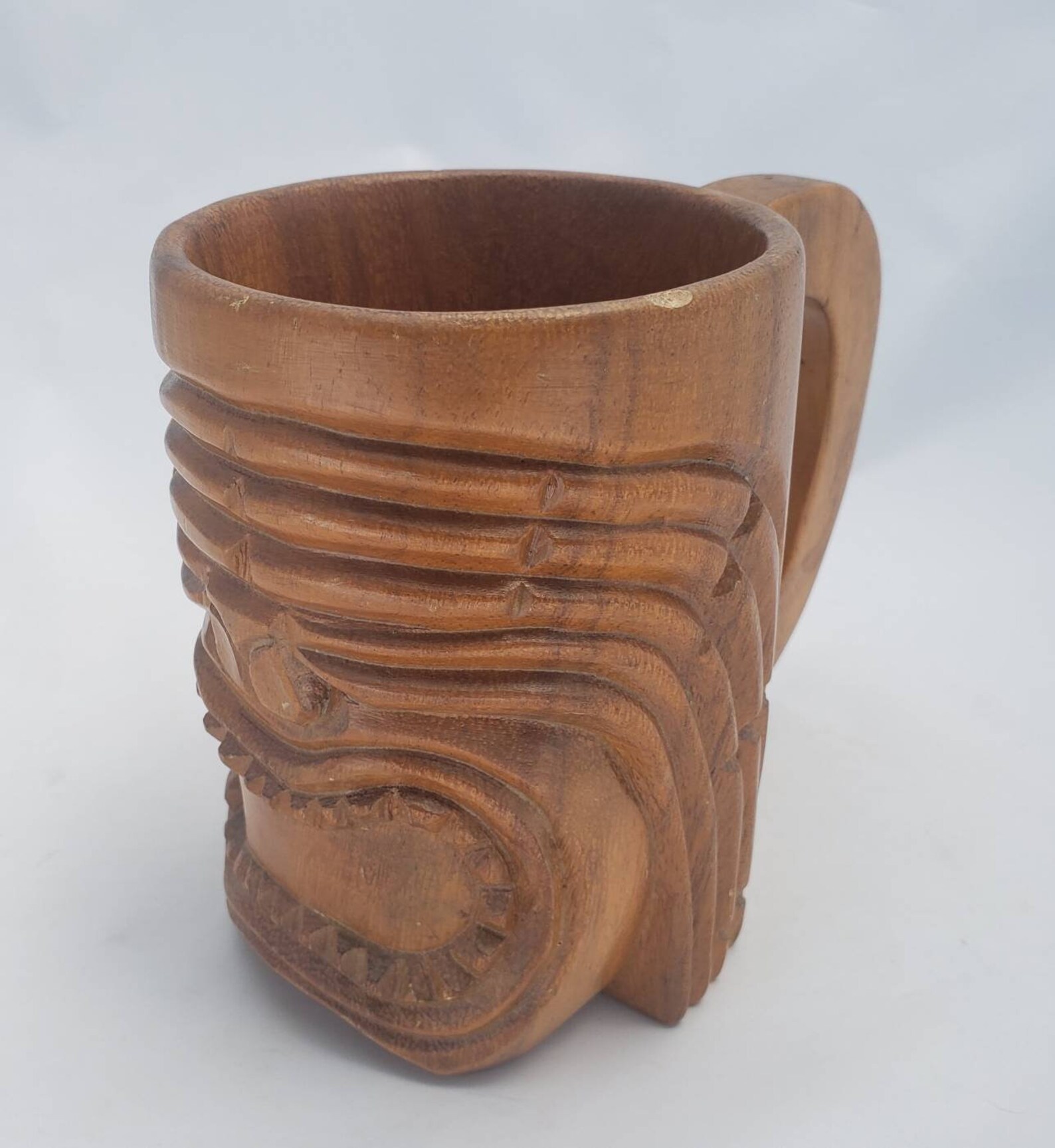 Wood Carved Mug Hand Carved Wooden Cup Tribal Face Tiki Etsy
