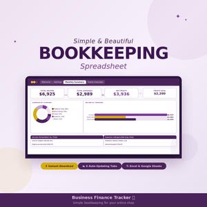 Peut inclure: Un tableur de comptabilité numérique avec un design violet et blanc. Il affiche les revenus, les dépenses et les bénéfices, avec des graphiques. Le texte indique "Simple & Beautiful BOOKKEEPING Spreadsheet".