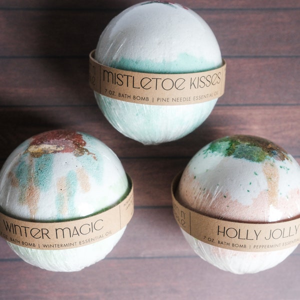 WINTER COLLECTION - 7 oz. Bath Bombs and 3 oz. Bath Dust Pouches, Fizz and Foam, Handmade with Epsom Salt, Blend of Essential Oils