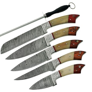 Beautiful Handmade Chef /Kitchen  Knives Set ,Made by Damascus Steel 6 Pieces -With Knife Sharpener, Best Gift,For Mother ,Wife, Christmas
