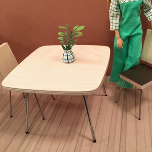 1/6 Scale Square Dining TABLE only, Scandi Mid Century Mini for Action Figure Doll Barbie Diorama in white laminate OR natural wood top Natural wood top