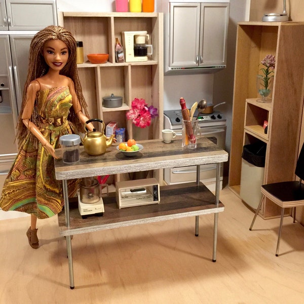 1/6 Scale Kitchen ISLAND w Shelf, Industrial Loft Mid Century Mini for Action Figure Doll Barbie Diorama (woodsy laminate w "chrome" rims)