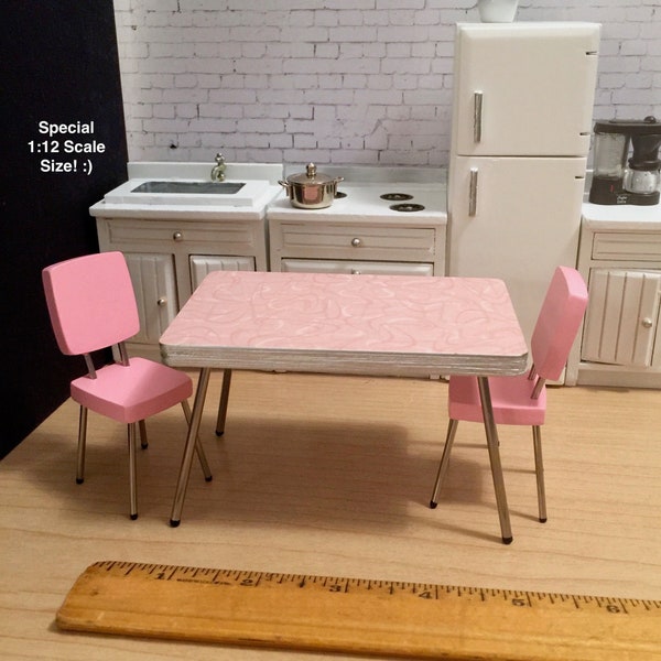 SPECIAL 1/12 Scale PINK Boomerang Laminate TABLE (only) Or Pair of Painted or Wood Chairs, Retro Diner Booth Mini for 1:12 Dollhouse Diorama