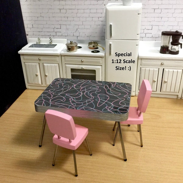 SPECIAL 1/12 Scale BLACK w Pink Boomerang Laminate TABLE (only) Or Pair of Painted Chairs, Retro Diner Booth Mini for 1:12 Dollhouse Diorama