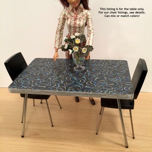 1/6 Scale Dining TABLE only, BLACK w Teal & White Mid Century Mini for Action Figure Doll Barbie Diorama (boomerang laminate w "chrome" rim)