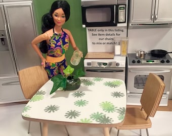 1/6 Scale Square Dining TABLE (only) Mid Century Modern Miniature for Action Figure Doll or Barbie diorama (GREEN flower starburst laminate)