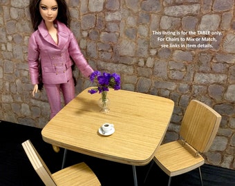1/6 Scale Square Dining TABLE (only), Scandi Mid Century Miniature for Action Figure Doll Barbie Diorama (in rippled wood texture laminate)