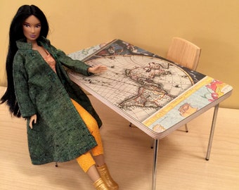 1/6 Scale Dining TABLE (only), Mid Century Modern Mini for Action Figure Doll Barbie Diorama (Old World Map laminate wood top w metal legs)
