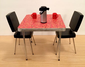 1/6 Scale Square Cafe TABLE (Only), Red Boomerang Retro Mid Century Mini for Action Figure Doll Barbie Diorama (laminate w "chrome" rim)