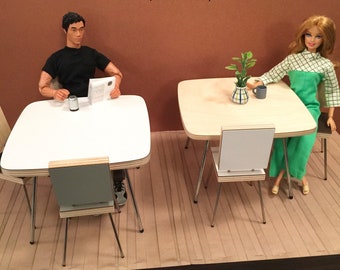 1/6 Scale Square Dining TABLE (only), Scandi Mid Century Mini for Action Figure Doll Barbie Diorama (in white laminate OR natural wood top)