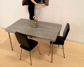 1/6 Scale Dining TABLE (only), Gray Wood Grain Mid Century Mini for Action Figure Doll Barbie Diorama (laminate top w "chrome" rim)