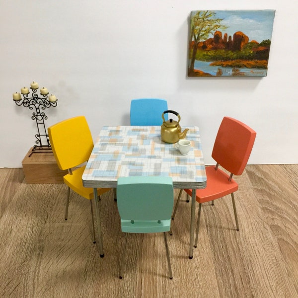 1/6 Scale Cafe TABLE only -or- Choice of CHAIR pair, Table has Retro-Shape Laminate w "chrome" rim MCM for Action Figure Doll Barbie Diorama