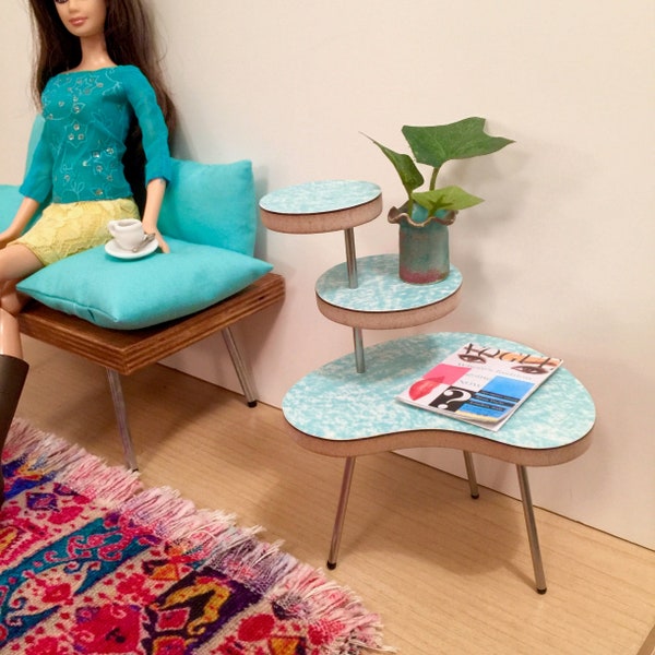 1/6 Scale KIDNEY TABLE with Circle Shelves (only) in Aqua & White laminate for Mid Century Miniature for Action Figure Doll Barbie Diorama