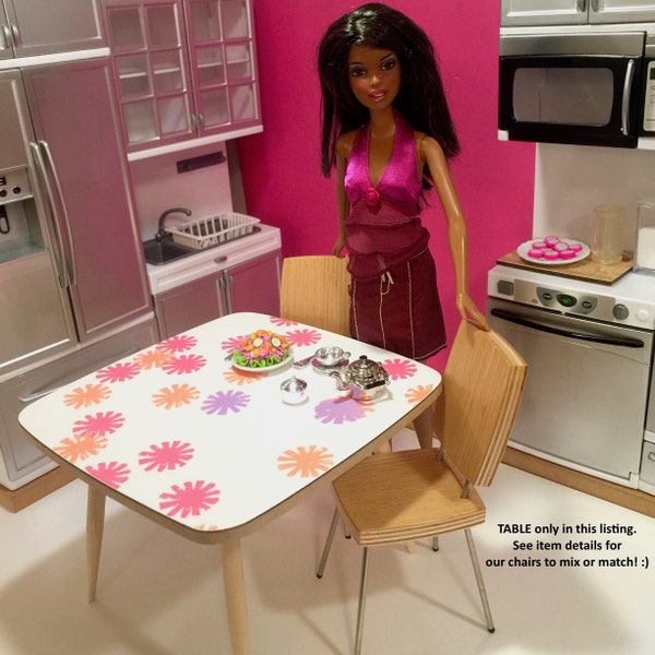 1/6 Scale Square Dining TABLE (only), Mid Century Modern Mini for Action Figure Doll or Barbie diorama (pink orange purple flower laminate)