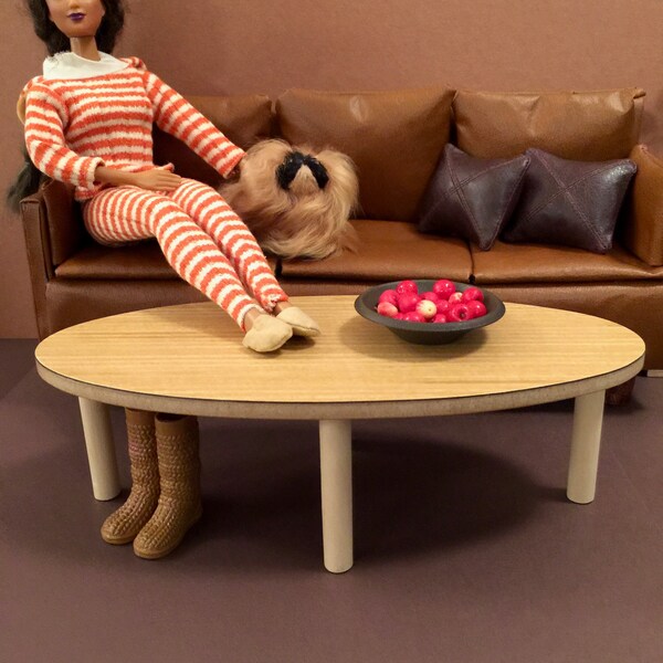 1/6 Scale Oval Coffee TABLE (only), Scandi Mid Century Mini for Action Figure Doll or Barbie Diorama (light, rippled wood texture laminate)
