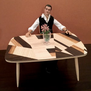 1/6 Scale Dining or Conference TABLE (only), Mid Century Mini for Action Figure Doll Barbie Diorama (Art Deco inspired top & natural bottom)