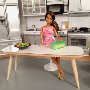 1/6 Scale TABLE / DESK (only), Dining for Action Figures, Dolls, or Barbie Diorama (white laminate top in gloss or matte, wood legs)