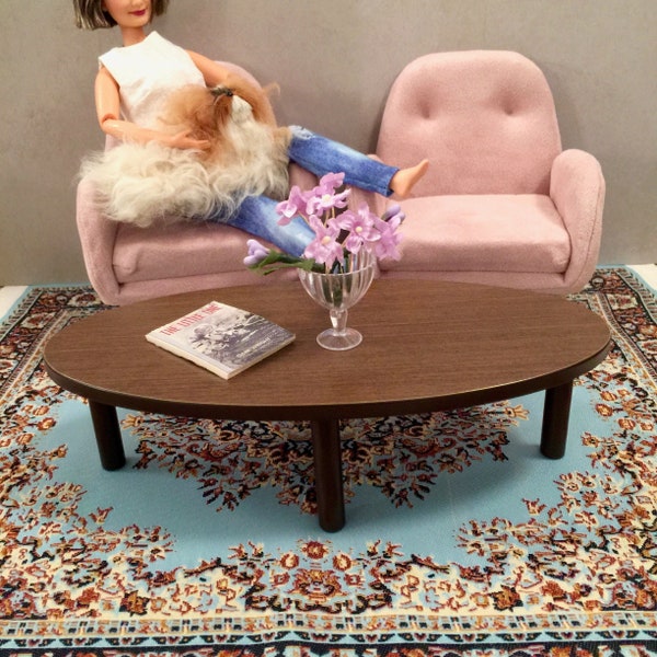 1/6 Scale Oval Coffee Table, Mid Century Modern Mini for Action Figure, Doll or Barbie Diorama (dark wood laminate top & dark brown bottom)