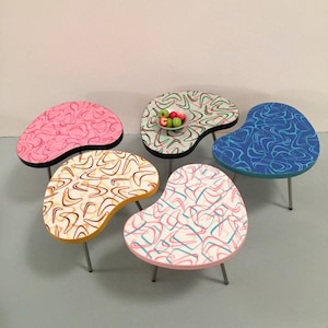 One 1/6 Scale KIDNEY TABLE (only), Mid Century Modern Miniature for Action Figures, Dolls, or Barbie Diorama (in bright retro colors!)