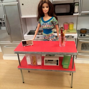 1/6 Scale Kitchen ISLAND Shelf Unit, Industrial Loft Mid Century Mini for Action Figures Dolls Barbie Diorama (Red laminate w "chrome" rims)