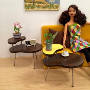 One 1/6 Scale Long KIDNEY TABLE w SHELF (only), Mid Century Modern Mini for Action Figures Dolls or Barbie Diorama (3 wood & color combos)