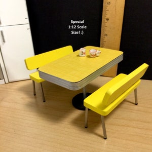 SPECIAL 1/12 Scale Booth Pieces in YELLOW: Buy Laminate Pedestal Table And/Or Pair of Yellow Painted Benches for Mini MCM Dollhouse Diorama