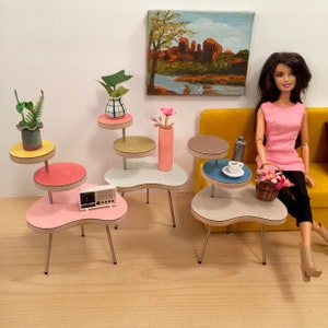 One 1/6 Scale KIDNEY TABLE w Circle Shelves (only) Mid Century Mini for Action Figures Dolls or Barbie Diorama (in 3 retro color combos)