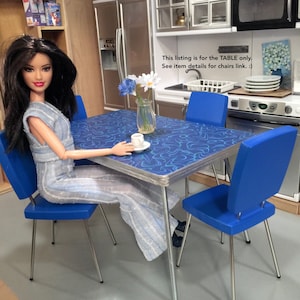 1/6 Scale Dining TABLE (only), BLUE Boomerang Retro Mid Century Mini for Action Figure Doll or Barbie Diorama (laminate top w "chrome" rim)