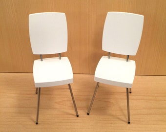 Pair (2) of 1/6 Scale CHAIRS (only), WHITE Painted Retro Mid Century Modern Minis for Action Figure Dolls Barbie Diorama (wood w metal legs)