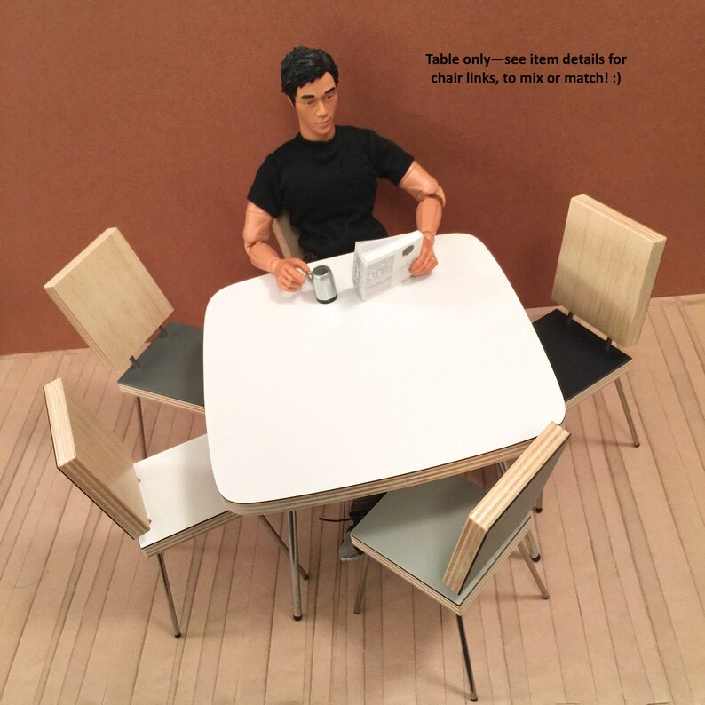 1/6 Scale Square Dining TABLE only, Scandi Mid Century Mini for Action Figure Doll Barbie Diorama in white laminate OR natural wood top image 7
