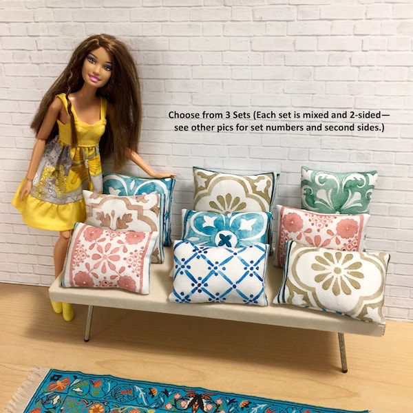 One SET of Three 1/6-Scale PILLOWS, Tile Designs Cotton Throw Cushions Action Figures Doll Barbie Diorama (All sets are 2-Sided, See photos)