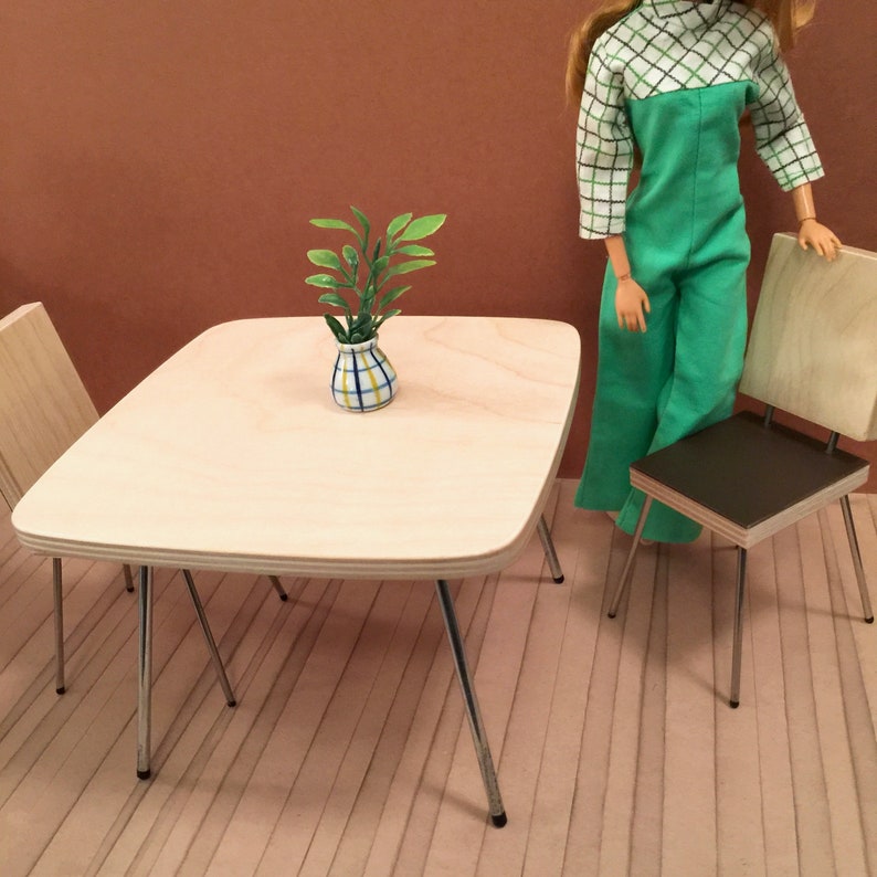 1/6 Scale Square Dining TABLE only, Scandi Mid Century Mini for Action Figure Doll Barbie Diorama in white laminate OR natural wood top Natural wood top