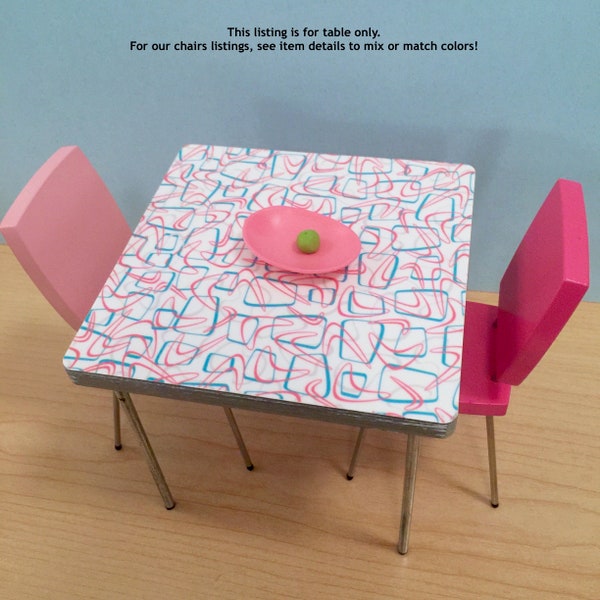 1/6 Scale Square TABLE (only), White Pink Aqua Retro Mid Century Mini for Action Figure Doll or Barbie Diorama (laminate top w "chrome" rim)