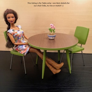 1/6 Scale Round TABLE (only), Mid Century Modern Mini for Action Figure Doll or Barbie Diorama (wood laminate top & avocado green bottom)