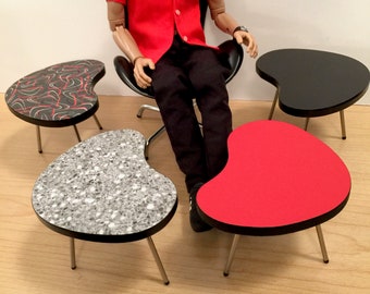 One 1/6 Scale KIDNEY TABLE (only), Mid Century Modern Mini for Action Figures, Dolls, or Barbie Diorama (in four bold laminate variations)