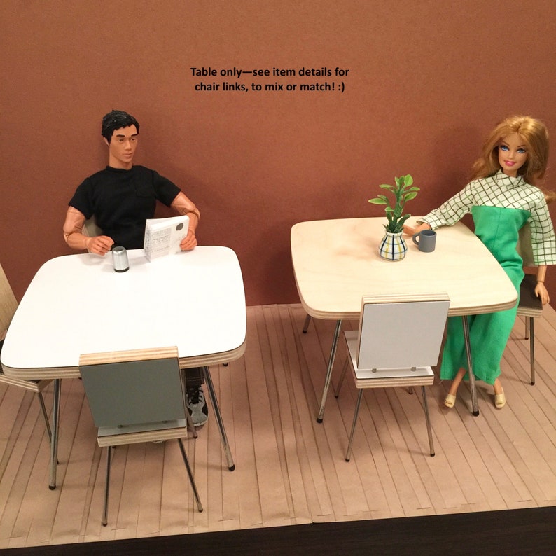 1/6 Scale Square Dining TABLE only, Scandi Mid Century Mini for Action Figure Doll Barbie Diorama in white laminate OR natural wood top image 1