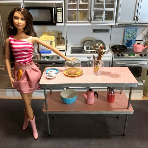 1/6 Scale Kitchen ISLAND with Shelf, Retro MCM Loft for Action Figure Doll Barbie Diorama (Light Pink Linen OR Boomerang top w "chrome" rim)