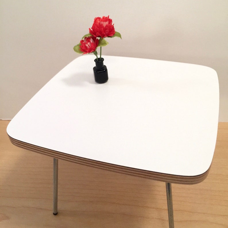 1/6 Scale Square Dining TABLE only, Scandi Mid Century Mini for Action Figure Doll Barbie Diorama in white laminate OR natural wood top Matte white top