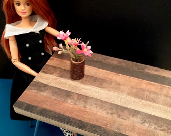 1/6 Scale Dining TABLE (only) Retro Mid Century Modern Mini for Action Figure Doll or Barbie Diorama (dark butcherblock laminate on plywood)