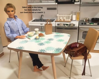 1/6 Scale Square Dining TABLE (only), Mid Century Modern Mini for Action Figure Doll or Barbie diorama (flower laminate top, wood bottom)