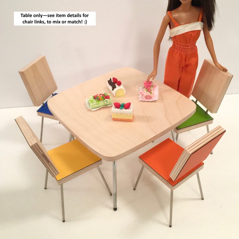 1/6 Scale Square Dining TABLE only, Scandi Mid Century Mini for Action Figure Doll Barbie Diorama in white laminate OR natural wood top image 3