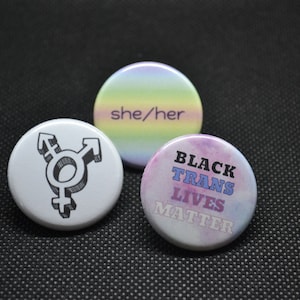 black trans button, black trans lives matter pin, transgender pin, lgbtq pride pin, gender pronoun buttons, he him, she her, they them, blm