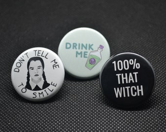 Wednesday Addams Buttons: Halloween Pin Set - Feminist Witch Pins