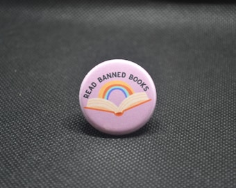 Read Banned Books Pin: Rainbow Book Button, Library Supporter
