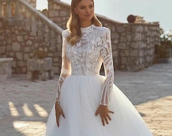 Abiti da sposa con abiti da sposa modesti in pizzo personalizzato, taglia inclusa Pinterest Dupe economici sotto le 500 maniche lunghe