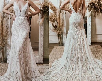 Custom Boho Lace Sheath Wedding Dresses Appliques Lace